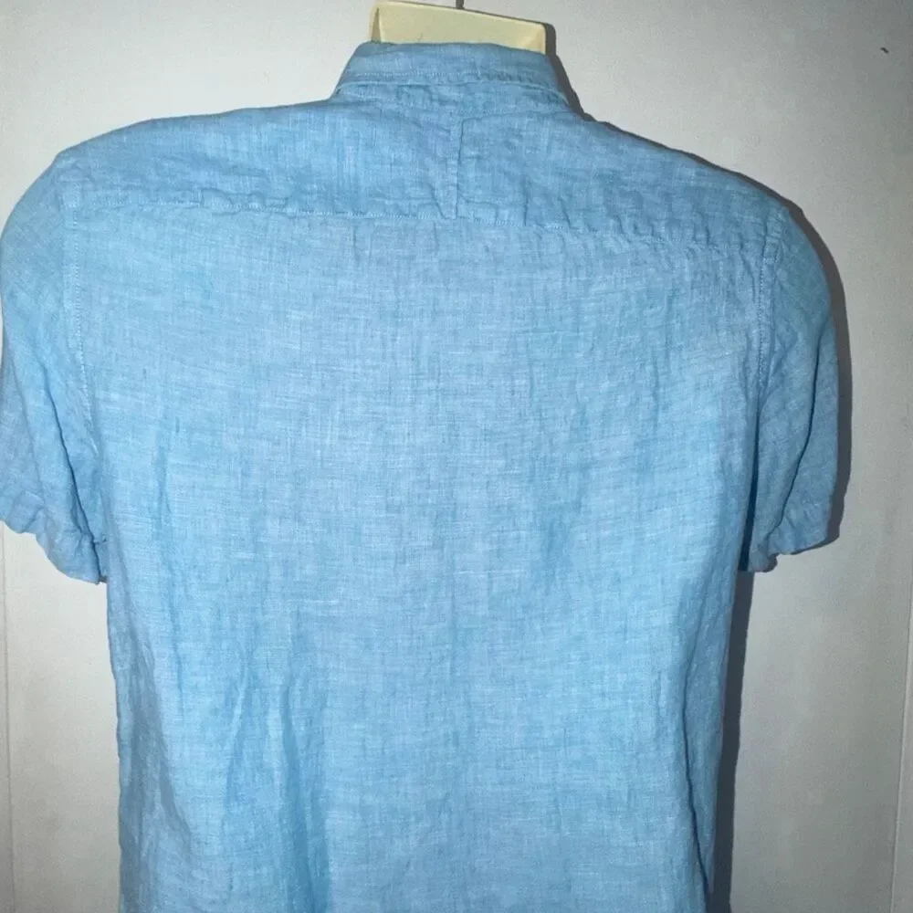 BANANA REPUBLIC 100% Linen Blue Camden Fit Button Down Short Sleeve Shirt-S